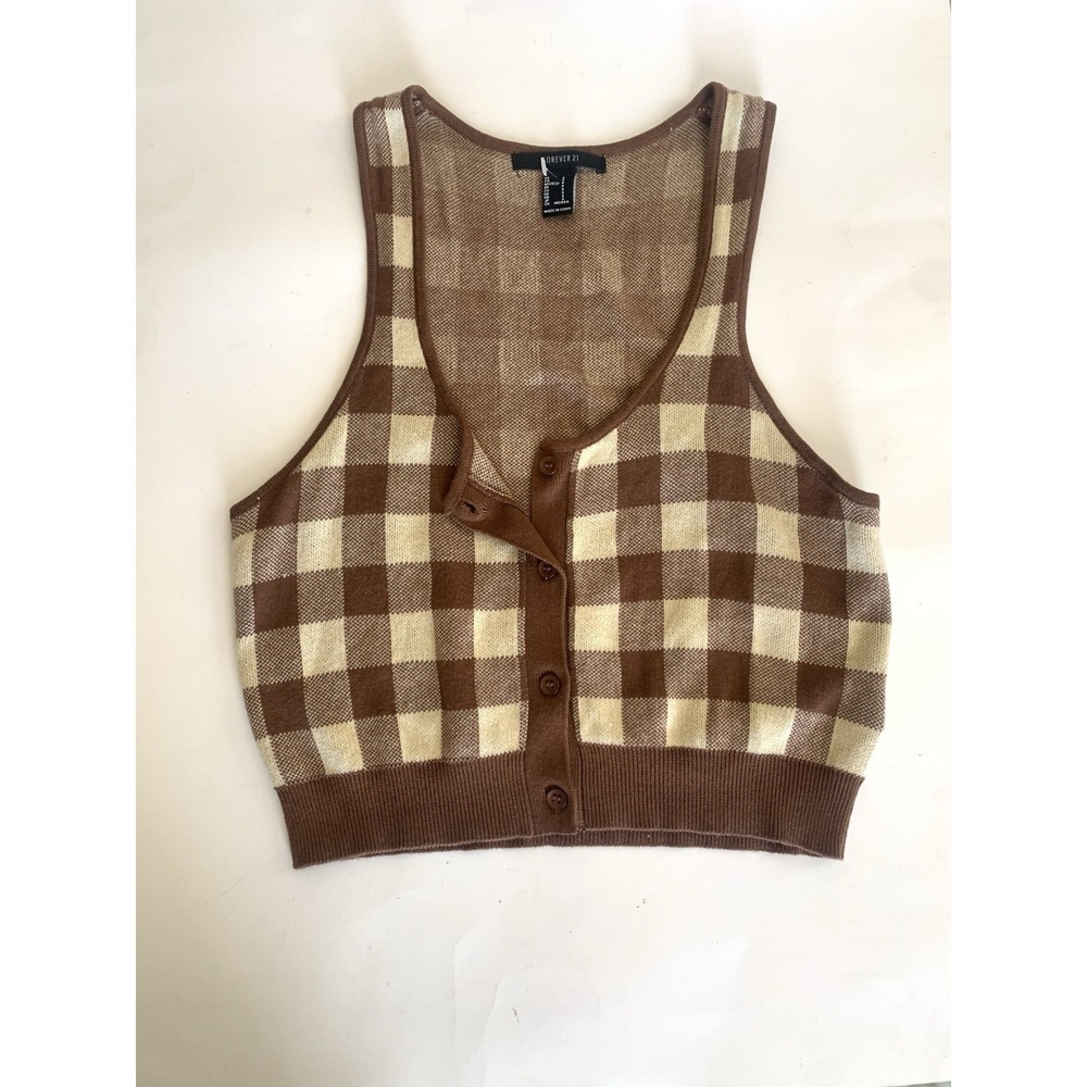 Forever 21 Gingham Plaid Crop Vest Blouse Top Size Small Contrast Brown Beige